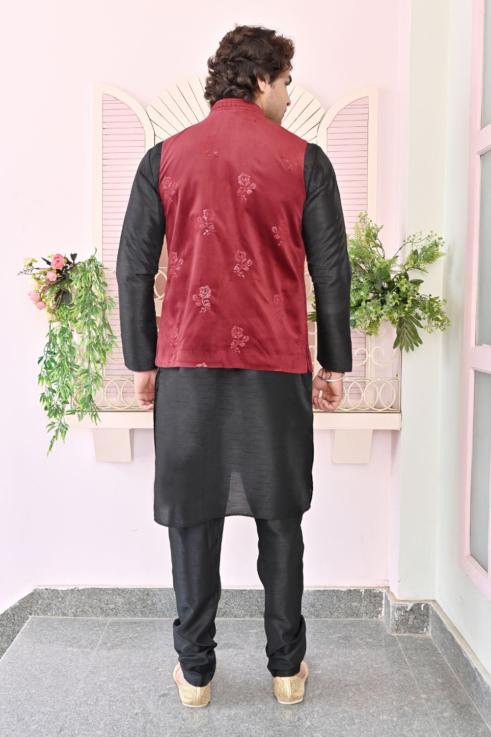 Deep Red velvet Floral Print Waist Coat Secondary image