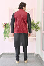 Deep Red velvet Floral Print Waist Coat