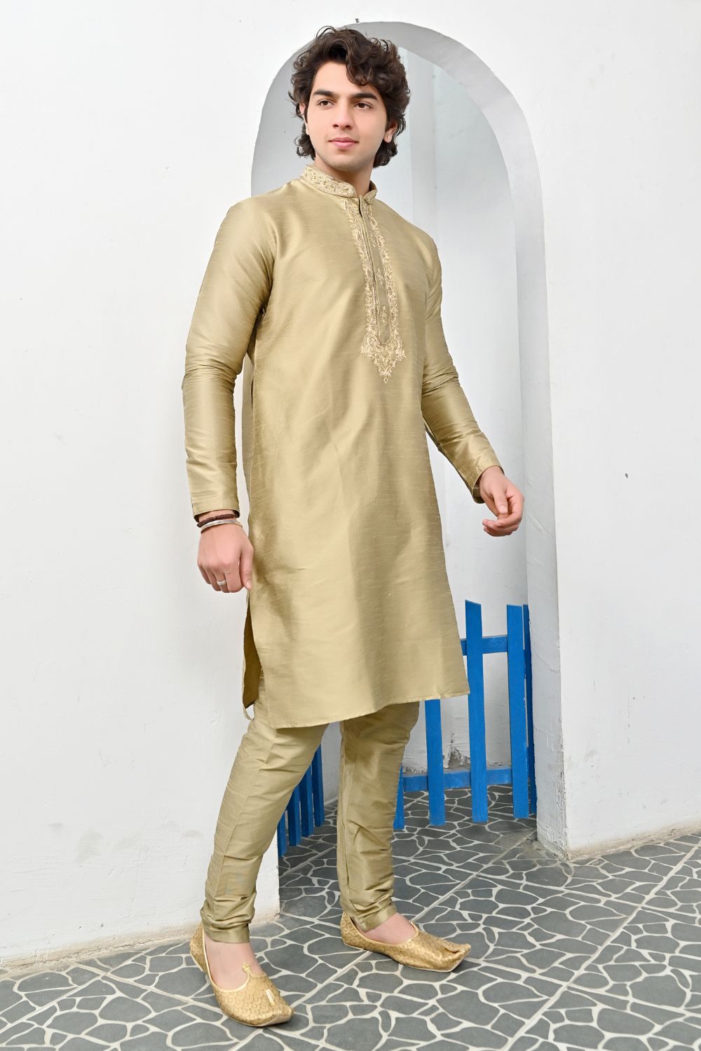 Beige Neck Embroidery Kurta pajama Secondary image