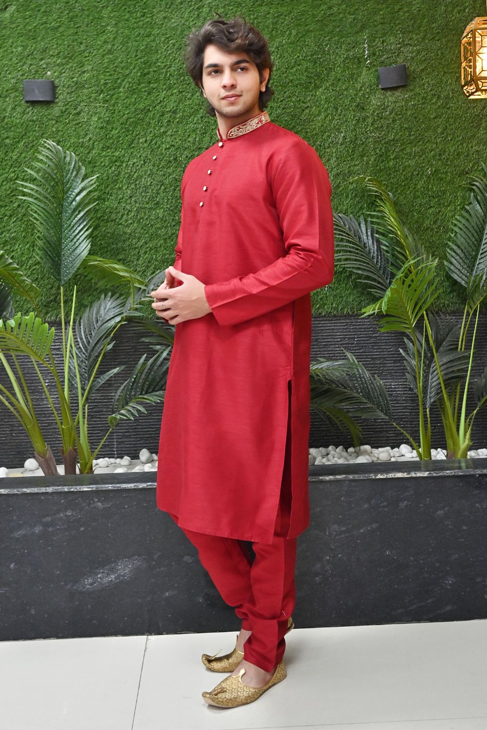 Deep Red Golden Embroidery kurta pajama