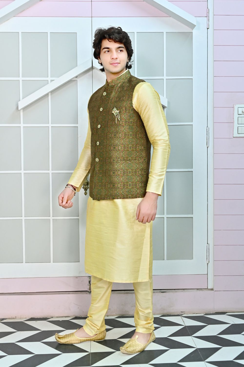 Mehendi Green floral printed Waist coat