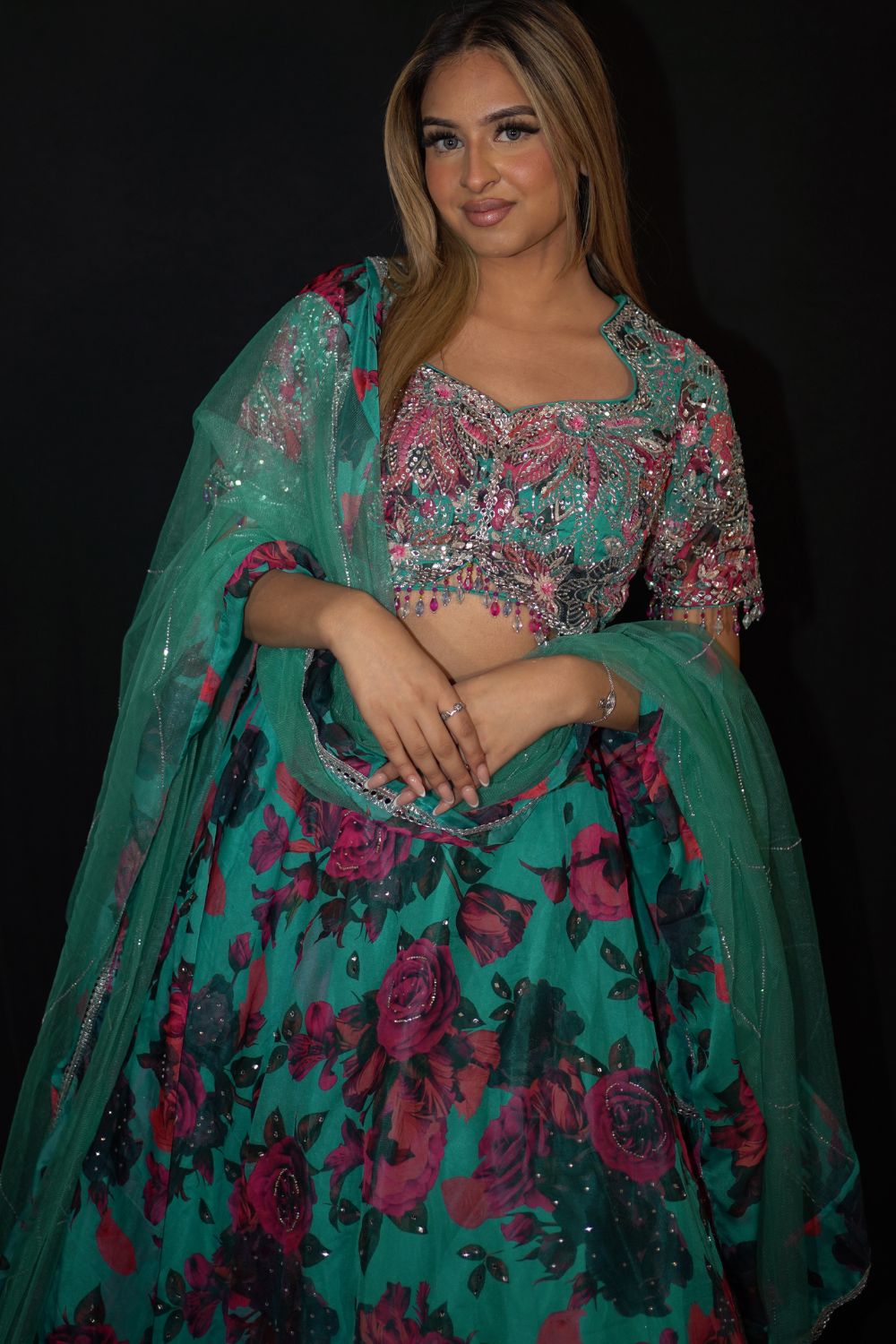 Emerald Green Floral Lehenga Set In Organza