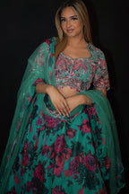 Emerald Green Floral Lehenga Set In Organza