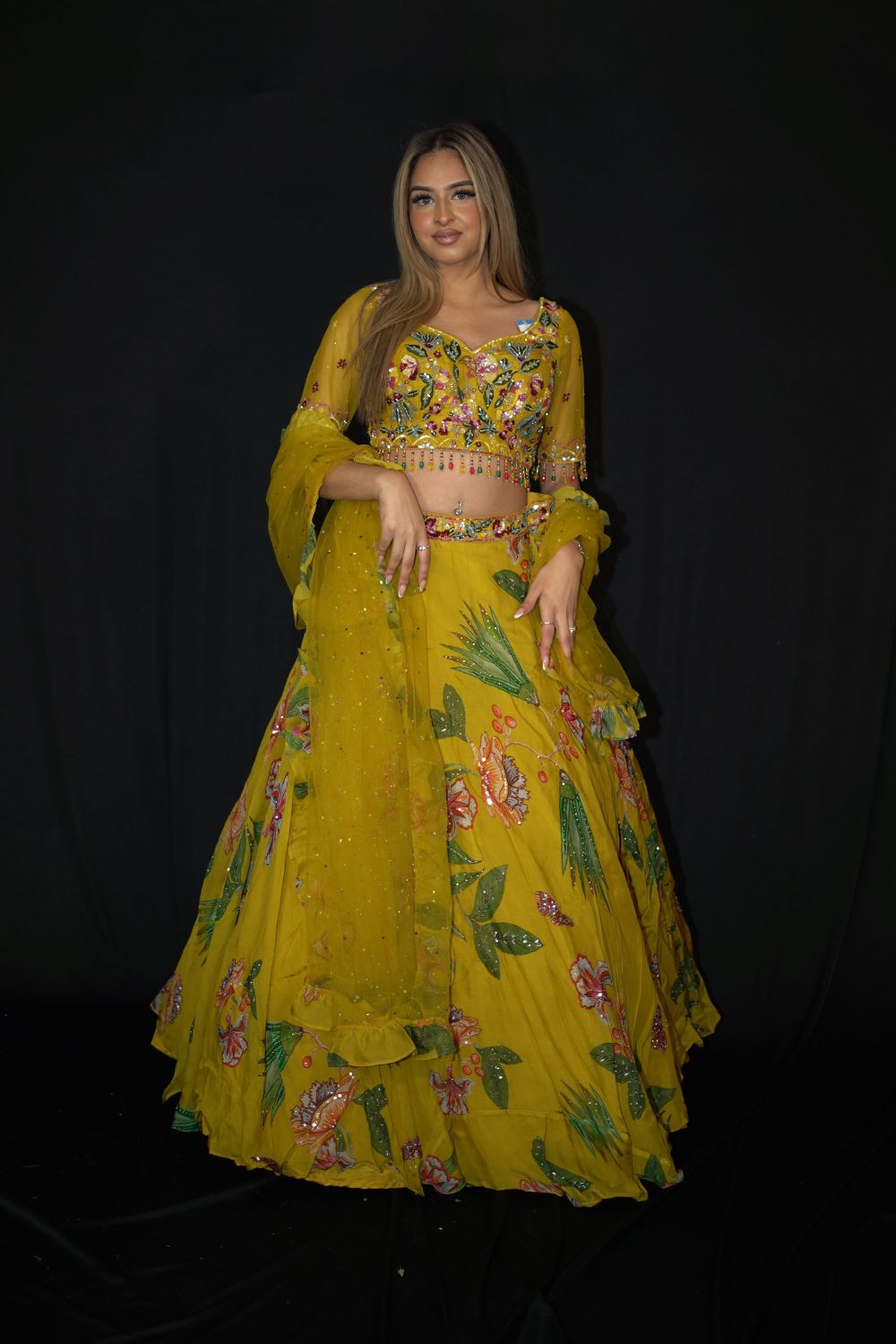 Yellow Mustard Floral Lehenga Main image