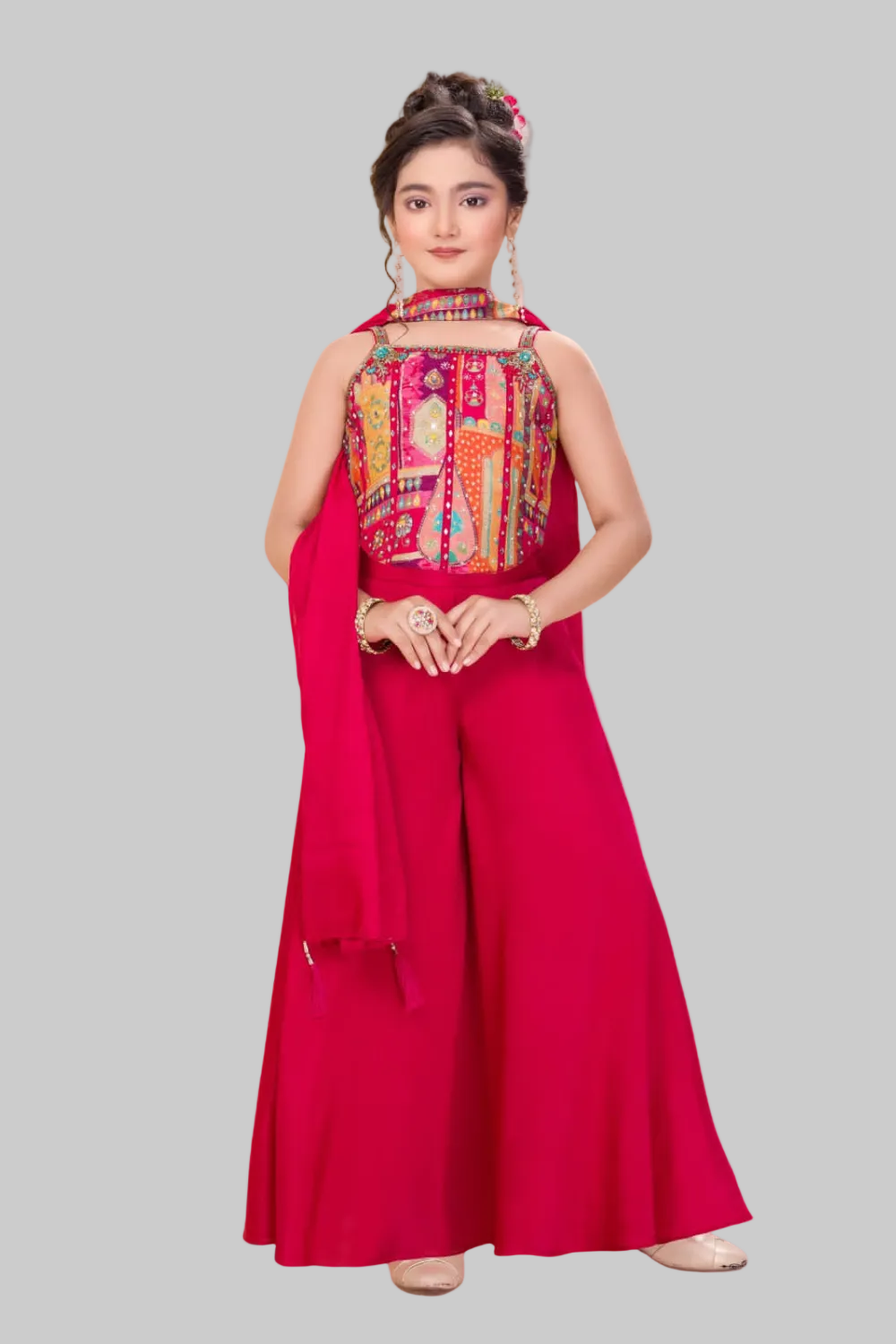 Elegant red kids plazo with soft net dupatta