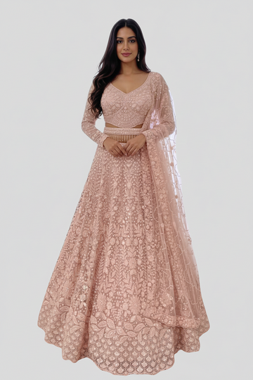 Pink thread work lehenga