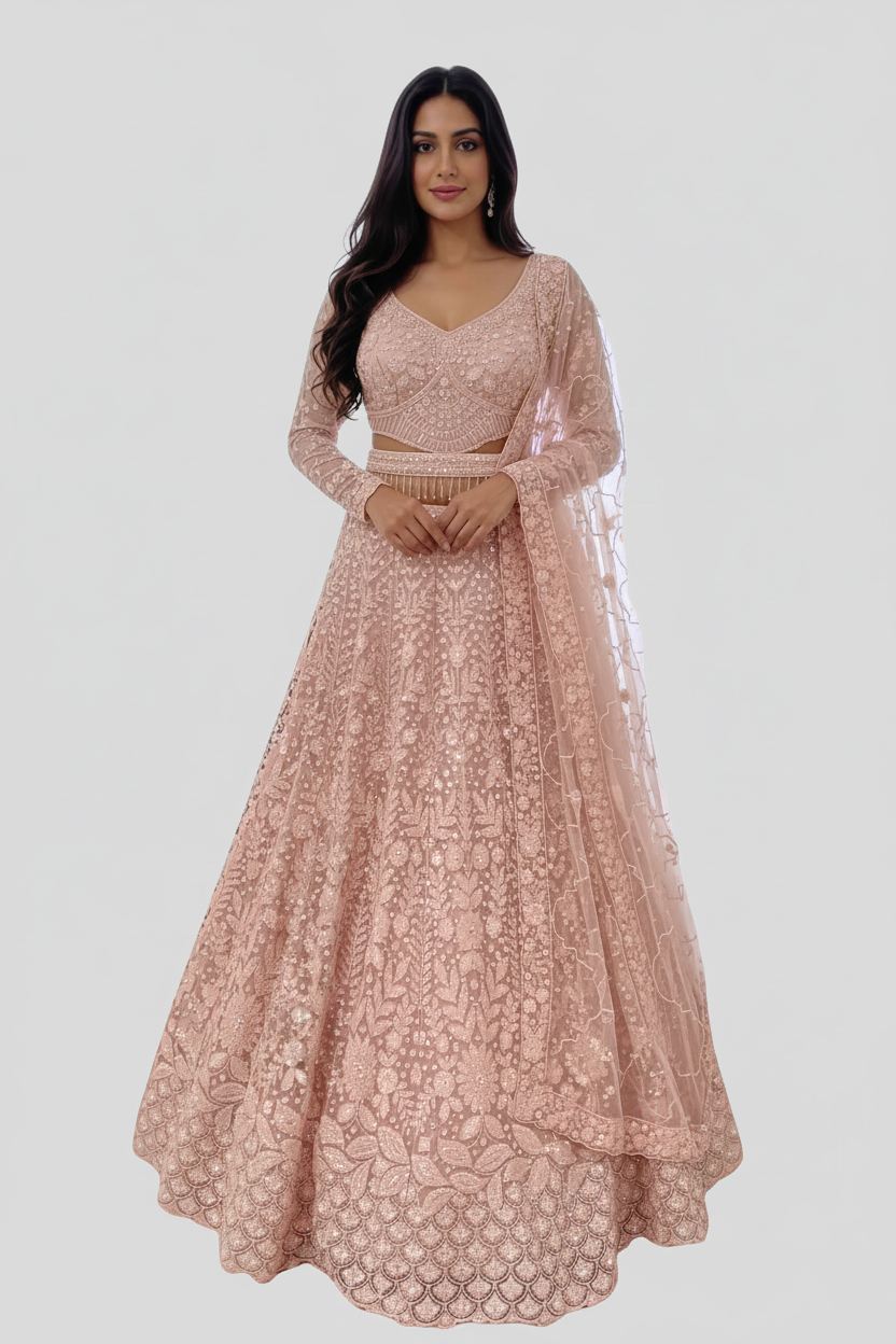 Pink thread work lehenga