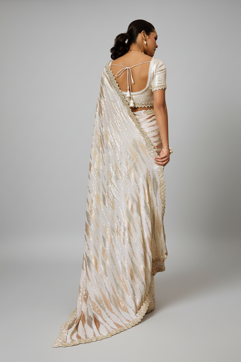 Dazzling ivory saree with shimmering gold stripes