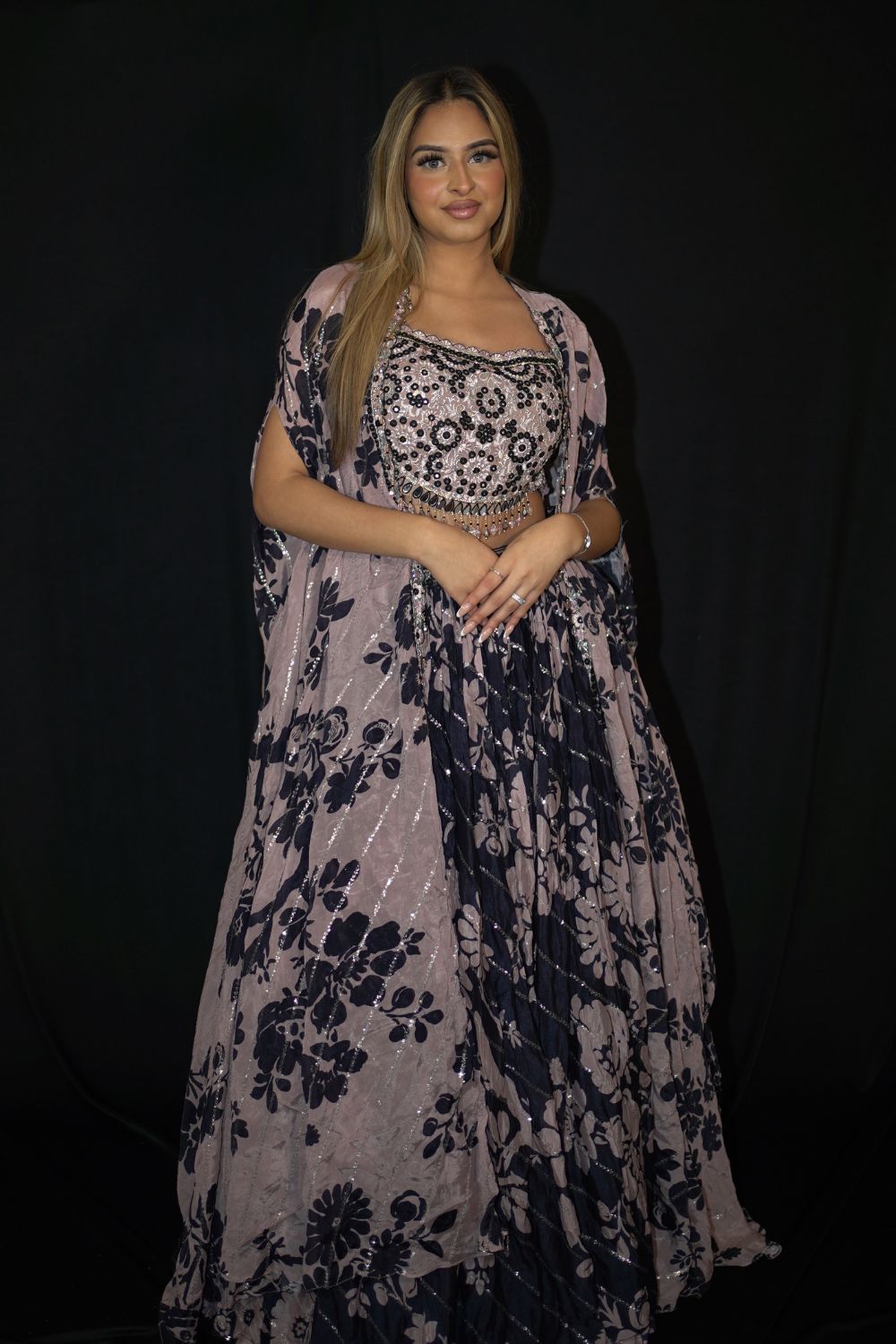 Georgette Pink and Black Printed Lehenga