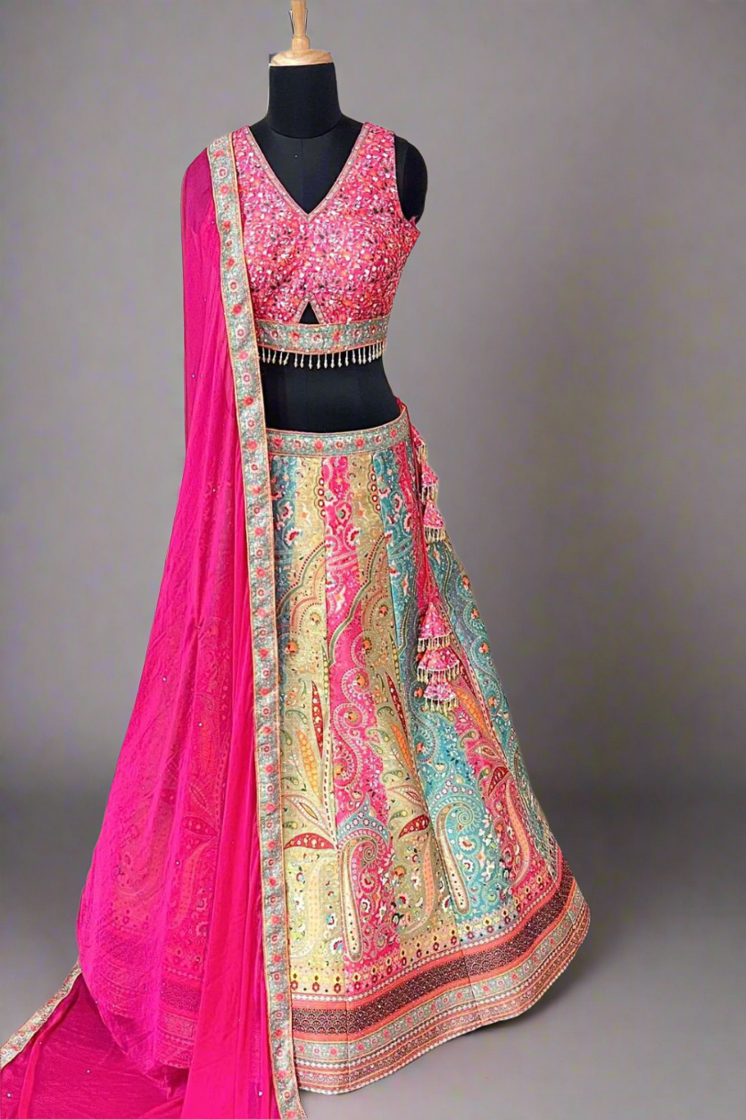 Multicolor pink lehenga on raw silk fabric