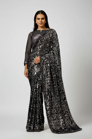 Glamorous black sequin saree featuring dazzling patterns