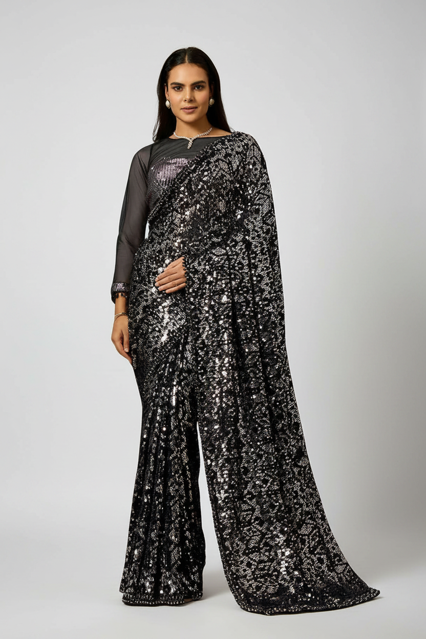 Glamorous black sequin saree featuring dazzling patterns