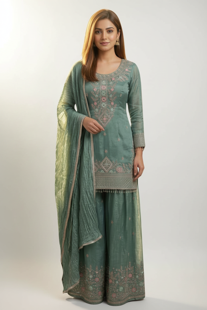 Classy embroidered green sharara suit with elegant zari detailing
