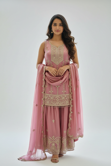 Gracefully crafted dusty pink sharara set featuring intricate embroidery.