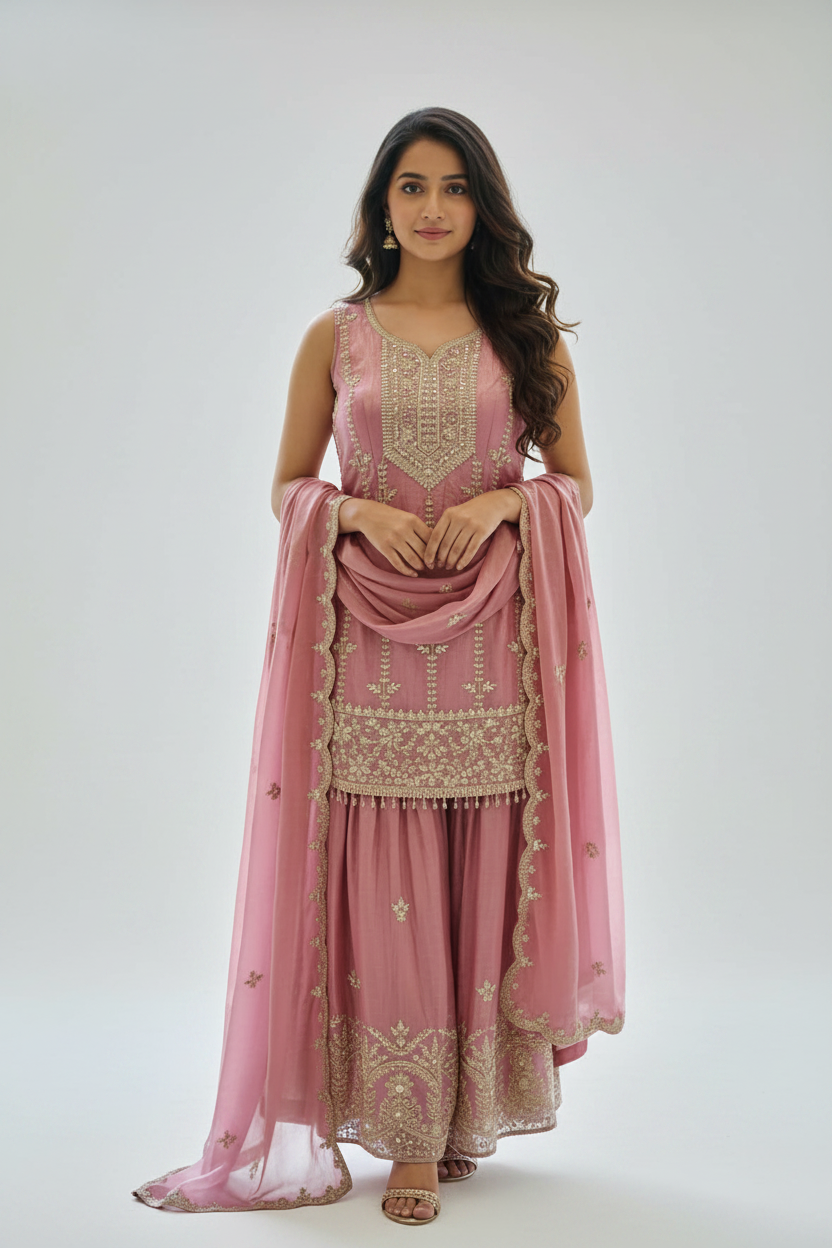 Gracefully crafted dusty pink sharara set featuring intricate embroidery.