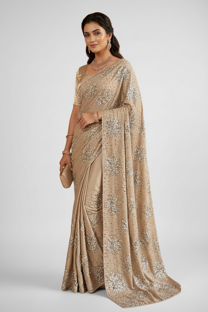 Ivory sequins and zari work saree