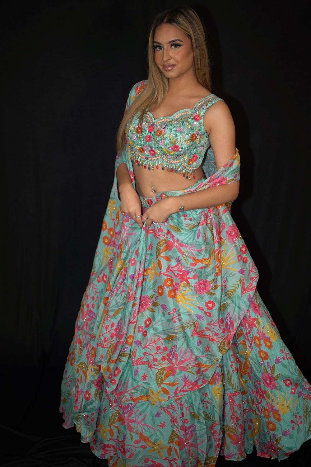 Sea Green Floral Lehenga Set