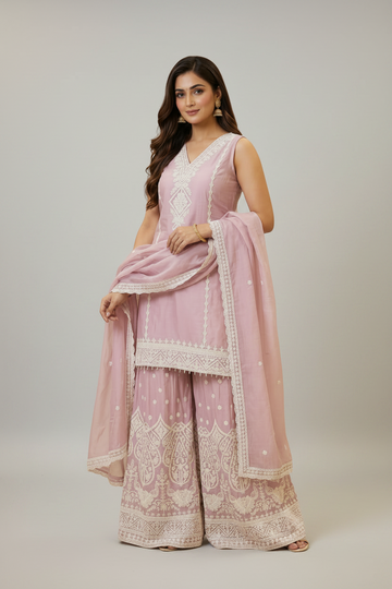 Beautiful pink Zari work sharara with net dupatta