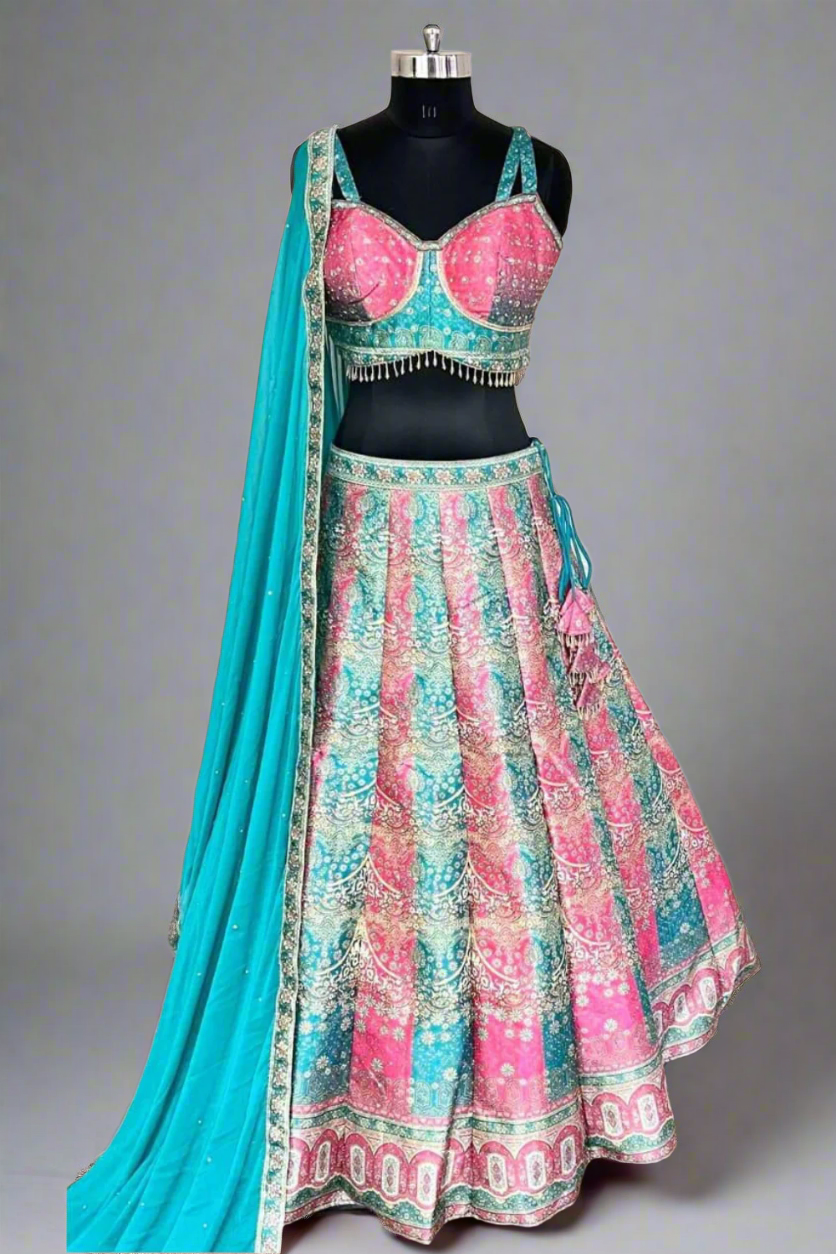 Turquoise and pink lehenga with soft net dupatta