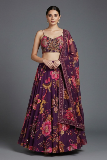 Royal plum grace with bold floral festive elegance