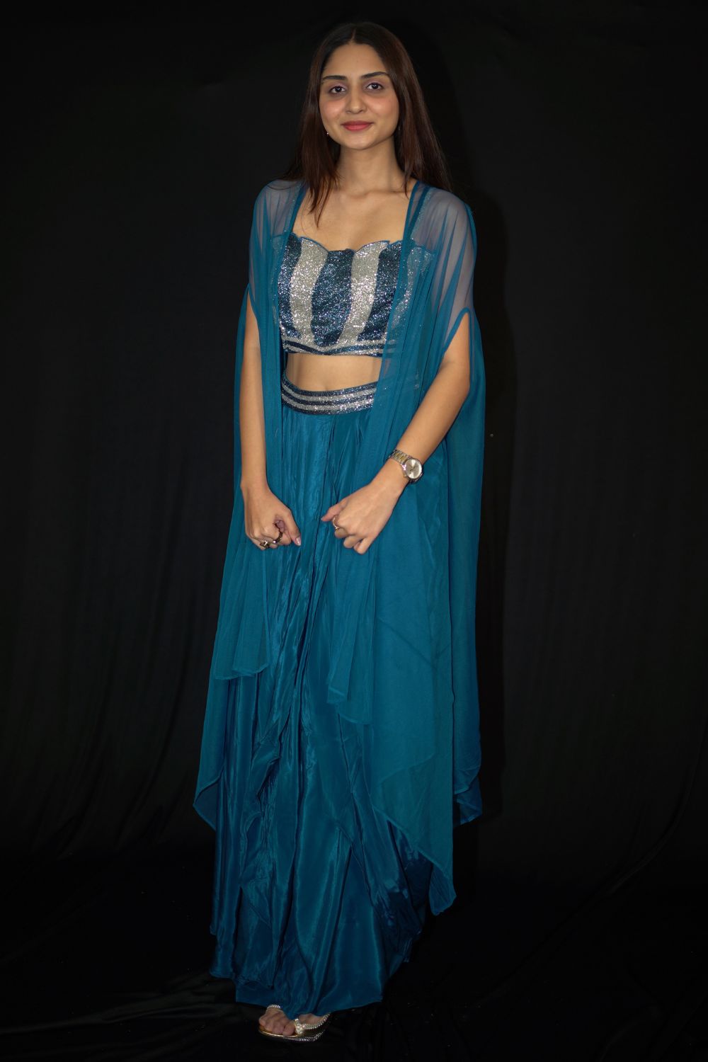 Teal Drape Skirt And Crop Top With Matching cape With Embroidered