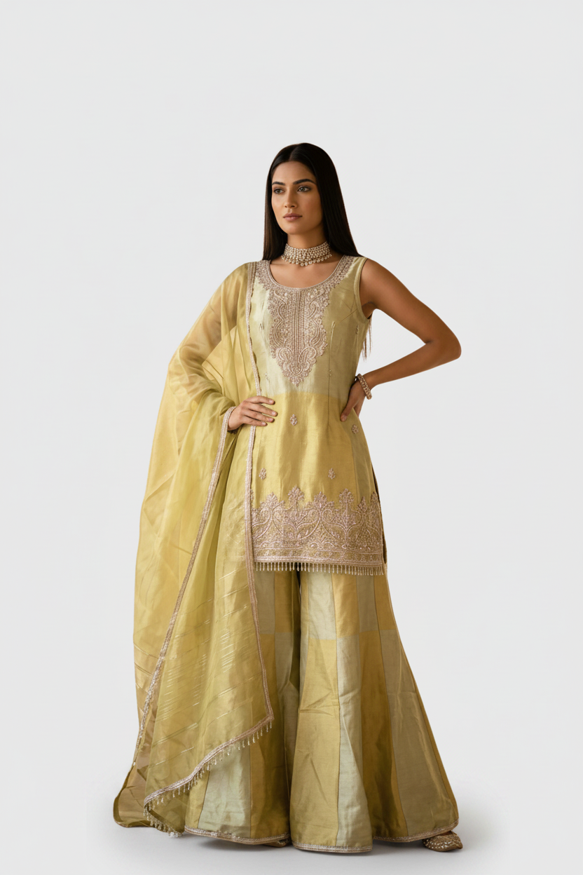 Mesmerising  yellow sharara suit with intricate zari work