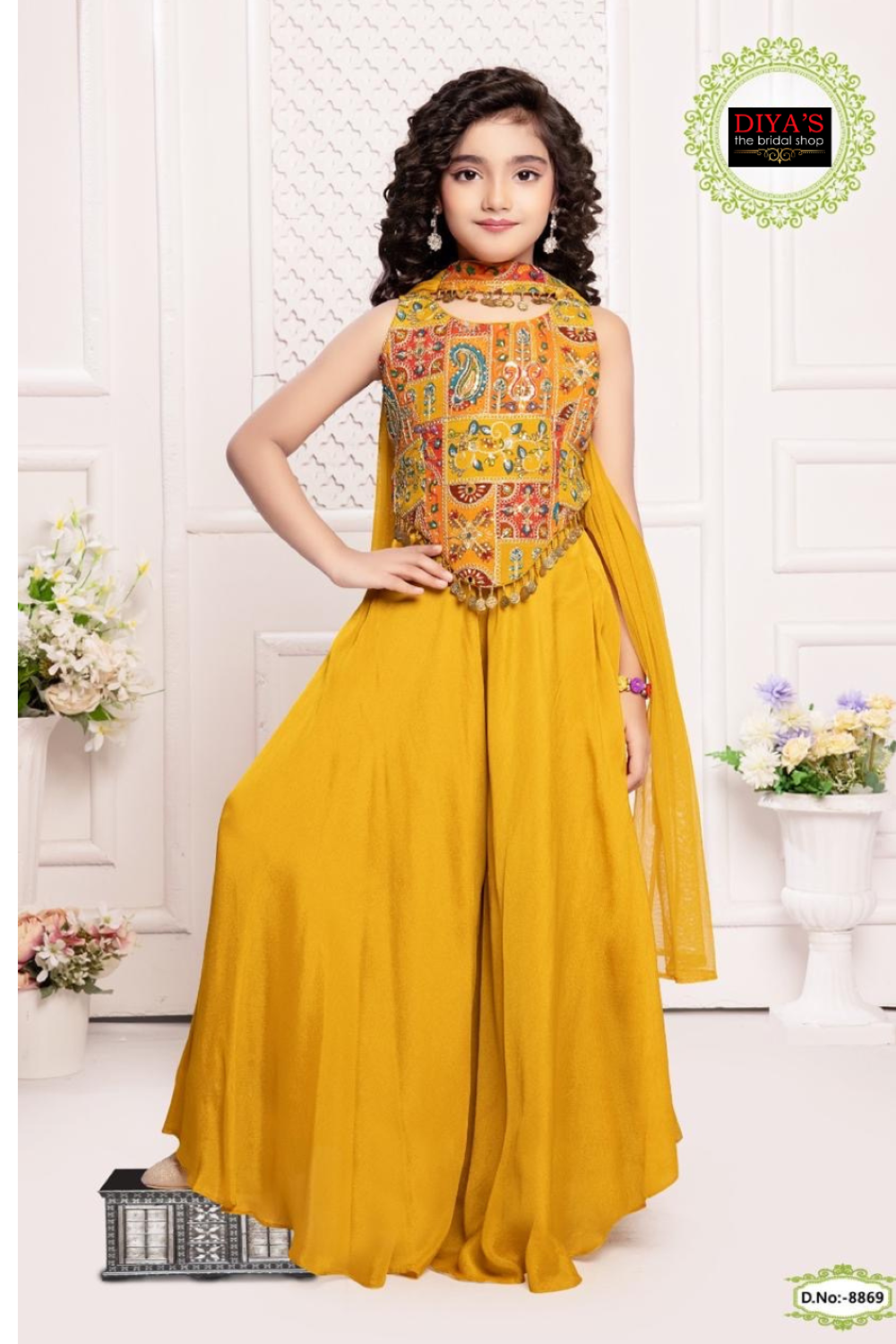 Mustard yellow Palazzo Lehenga with Intricate Multicolor Embroidered Top Main image