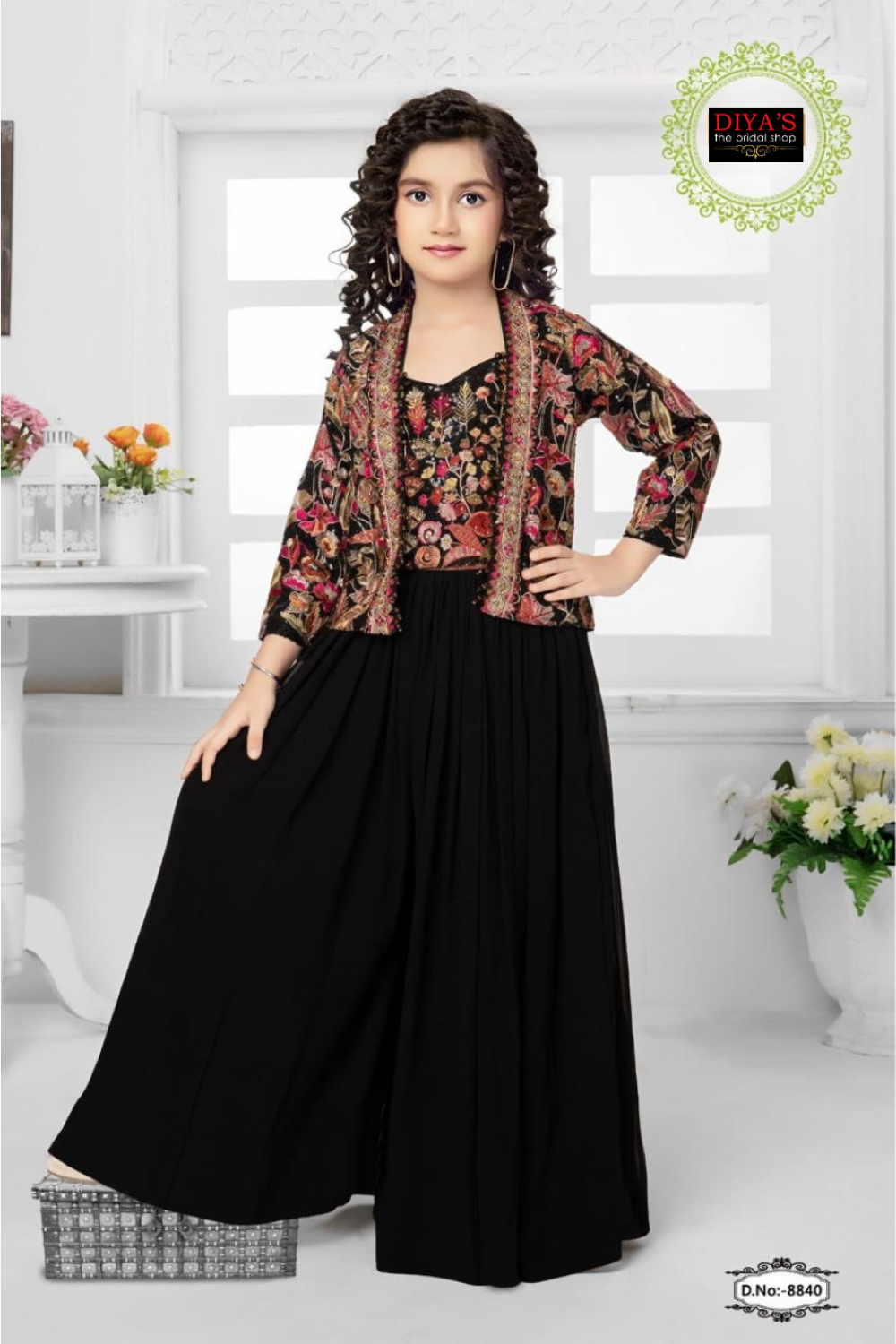 Black  Palazzo Lehenga with Intricate Multicolor Jacket Embroidered Top