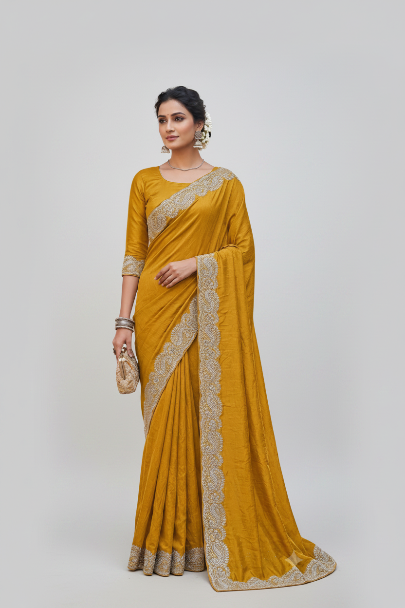 Yellow saree with silver border