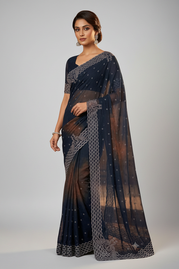 saree with a sheer drape and intricate silver border work