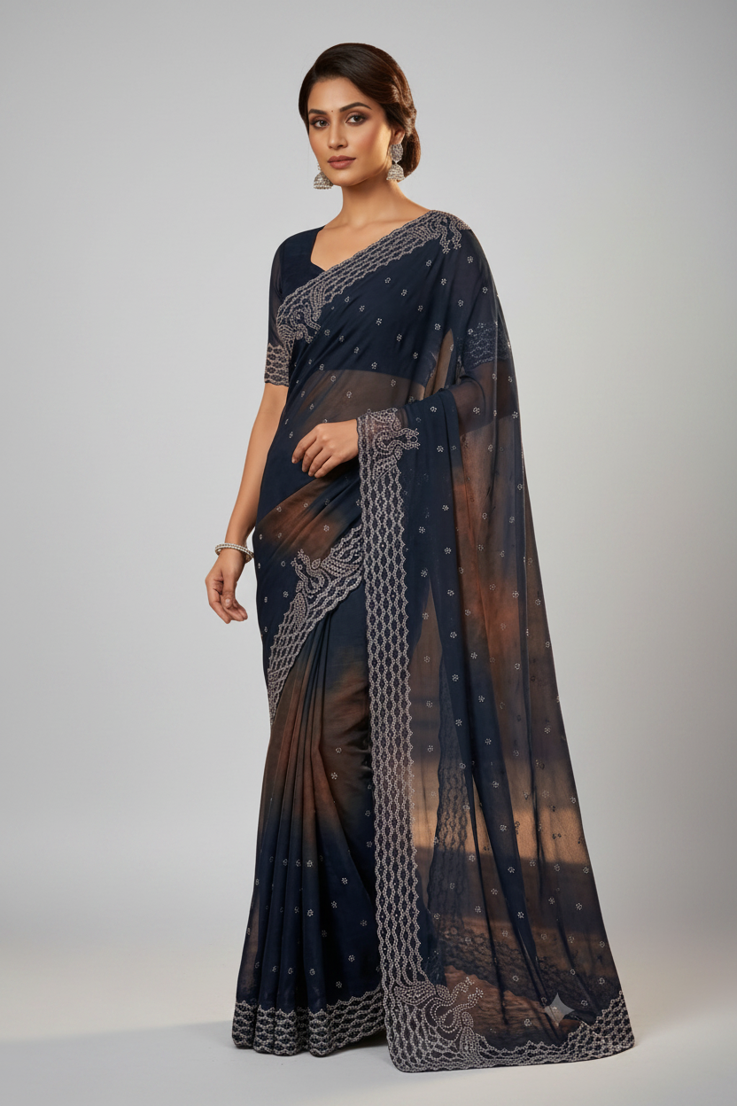 saree with a sheer drape and intricate silver border work