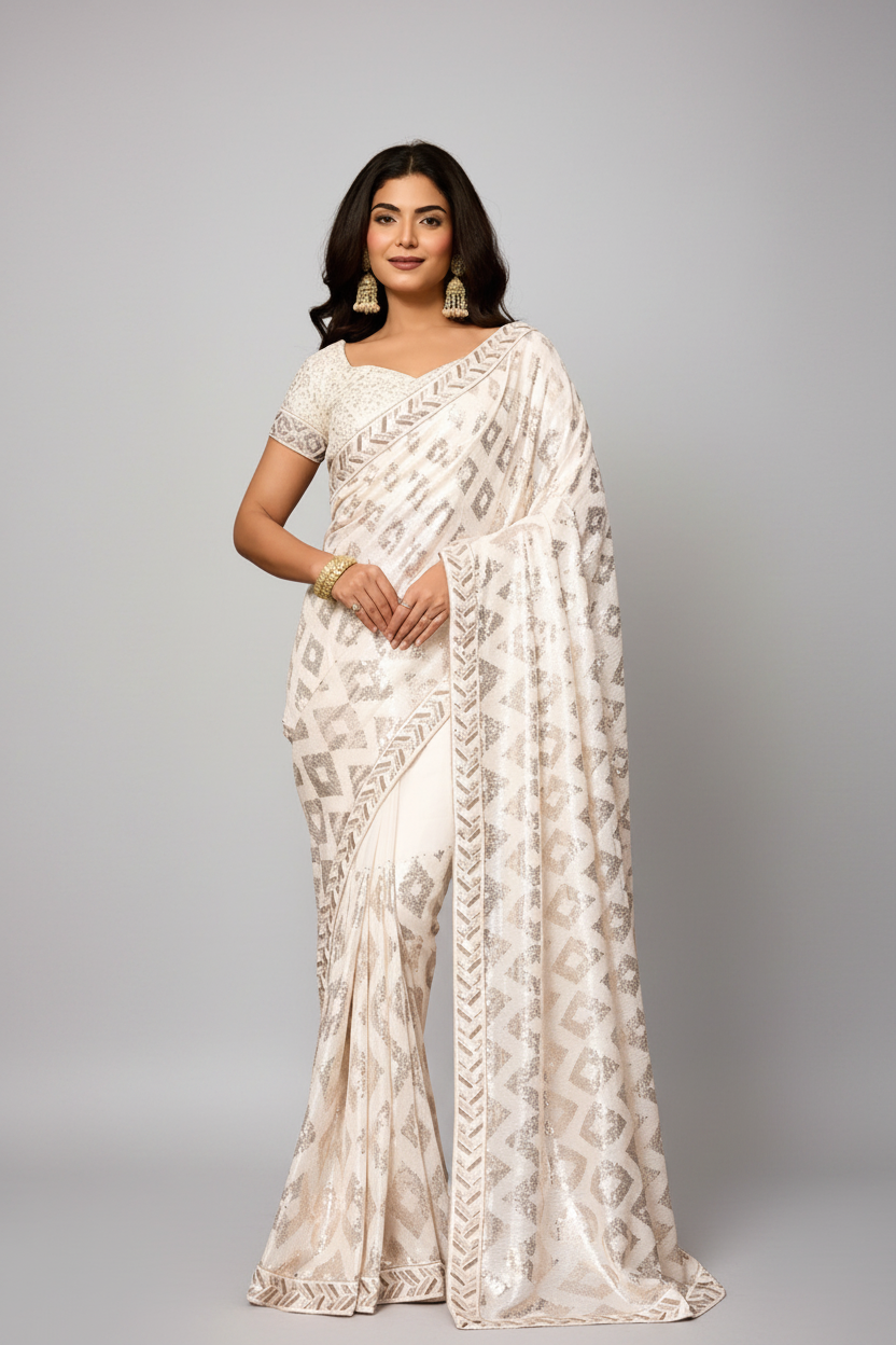 Graceful white sequins saree