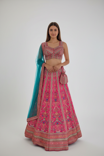 Rani Pink Silk Blend Lehenga Set with Intricate Embroidery and Teal Net Dupatta