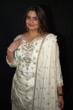Cream Pure Crepe Sharara Suit With Chinon Dupatta