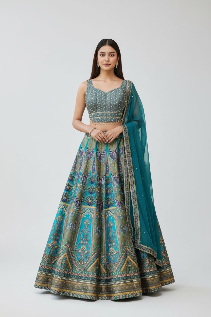 Teal Blue Silk Blend Lehenga Set with Ornate Prints and Embellished Net Dupatta