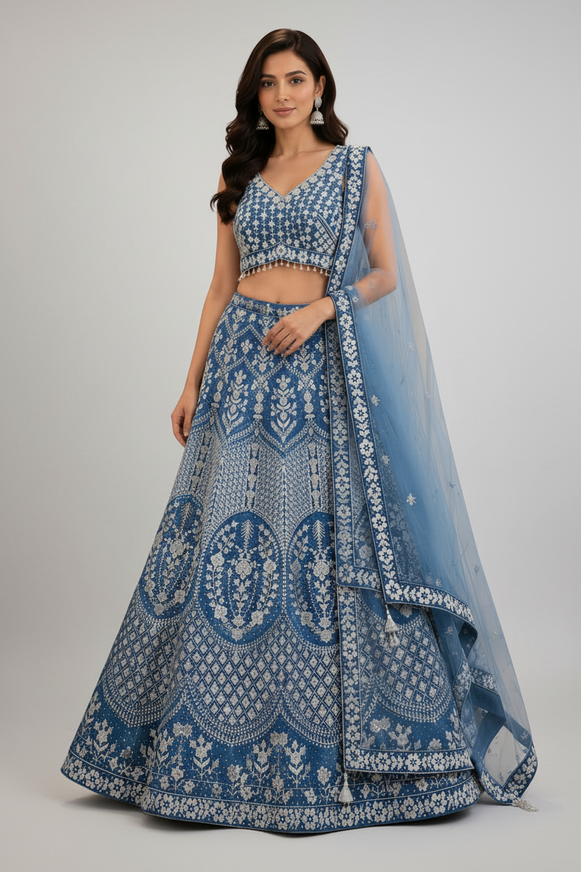 Elegant dusty blue embroidered lehenga with delicate floral craftsmanship.