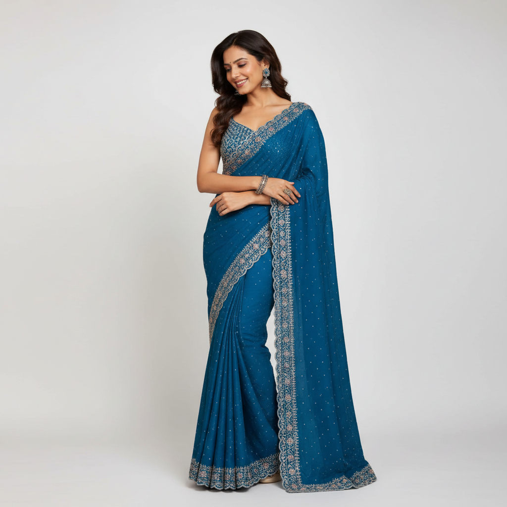 Blue sequins saree with silver lace