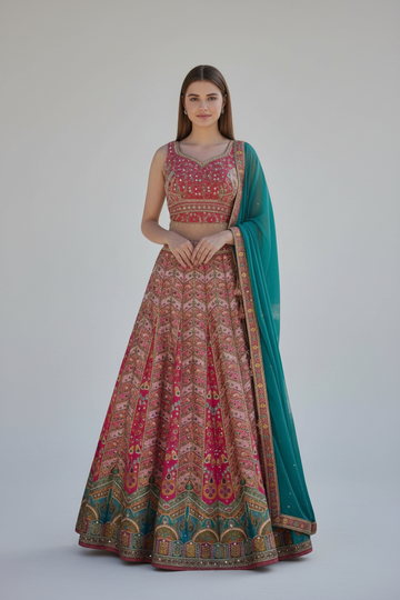 Rose Pink Silk Blend Lehenga Set with Intricate Embroidery and Teal Dupatt