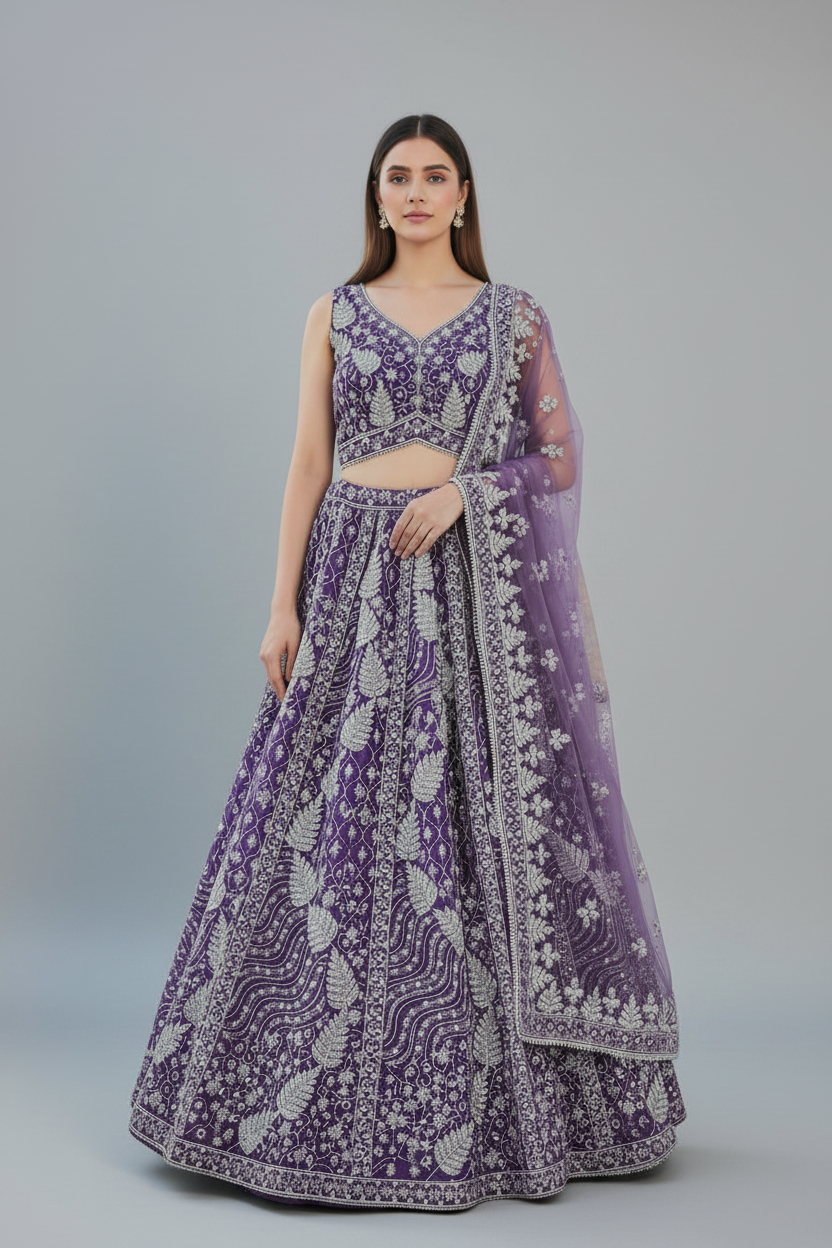Regal purple lehenga adorned with intricate silver floral embroidery.