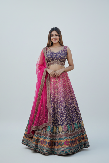 Midnight Purple Silk Blend Lehenga Set with Floral Embroidery and Pink Net Dupatt