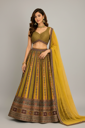 Mustard Printed Lehenga with Embellished Blouse and Net Dupatta
