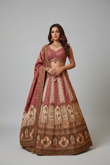 Dusty Rose Silk Blend Lehenga Set with Heritage Prints and Embellished Dupatta