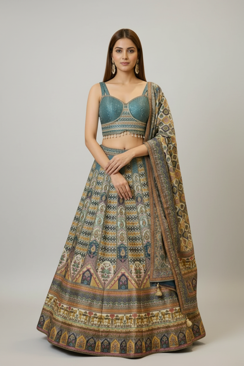 Teal printed lehenga with beautiful embellished blouse.