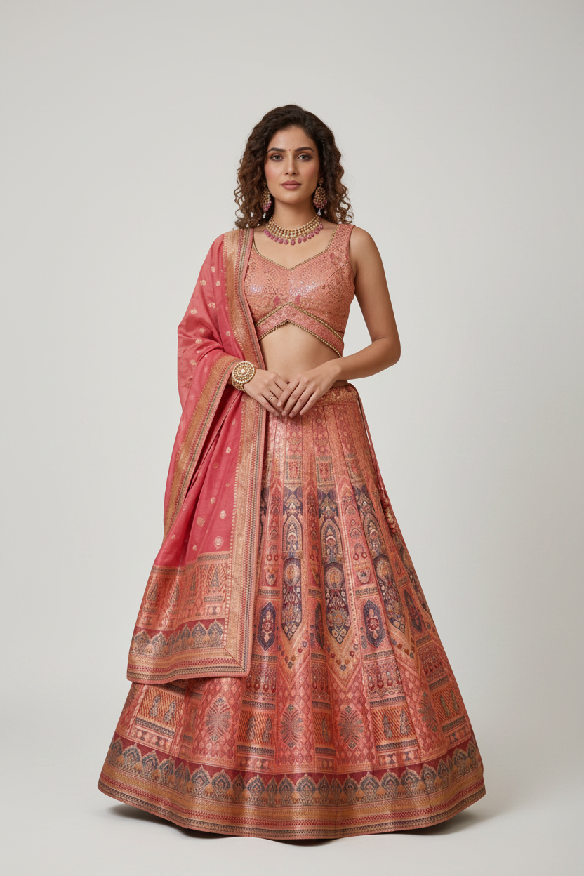 Elegant Peach Banarasi Lehenga Set with Intricate Traditional Woven Motifs