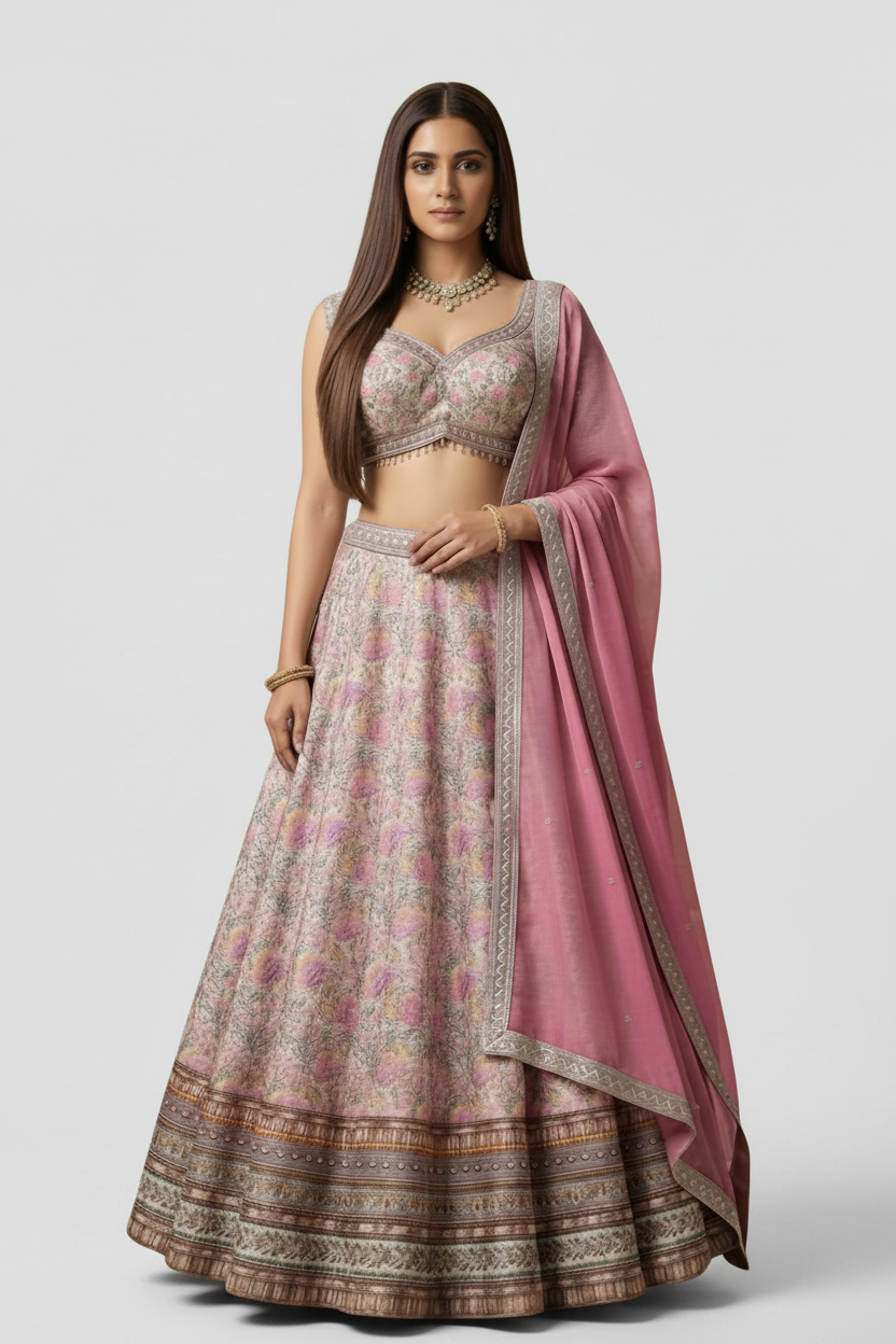 Beautifully embroidered floral lehenga with soft net dupatta