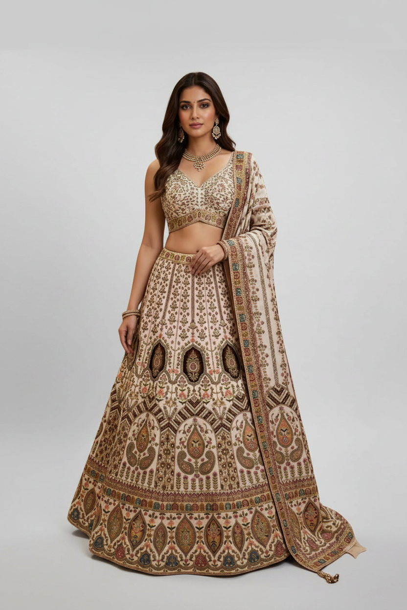 Ivory printed lehenga with intricate motifs.
