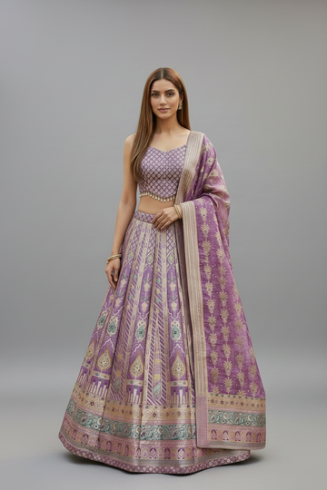 Enchanting Lavender Lehenga Adorned with Intricate Woven Motifs and Regal