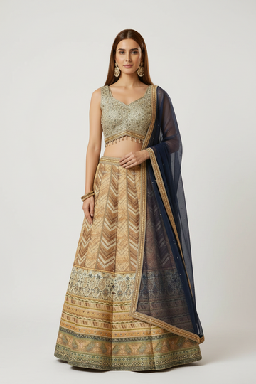 Golden embroidered lehenga paired with stunning navy dupatta