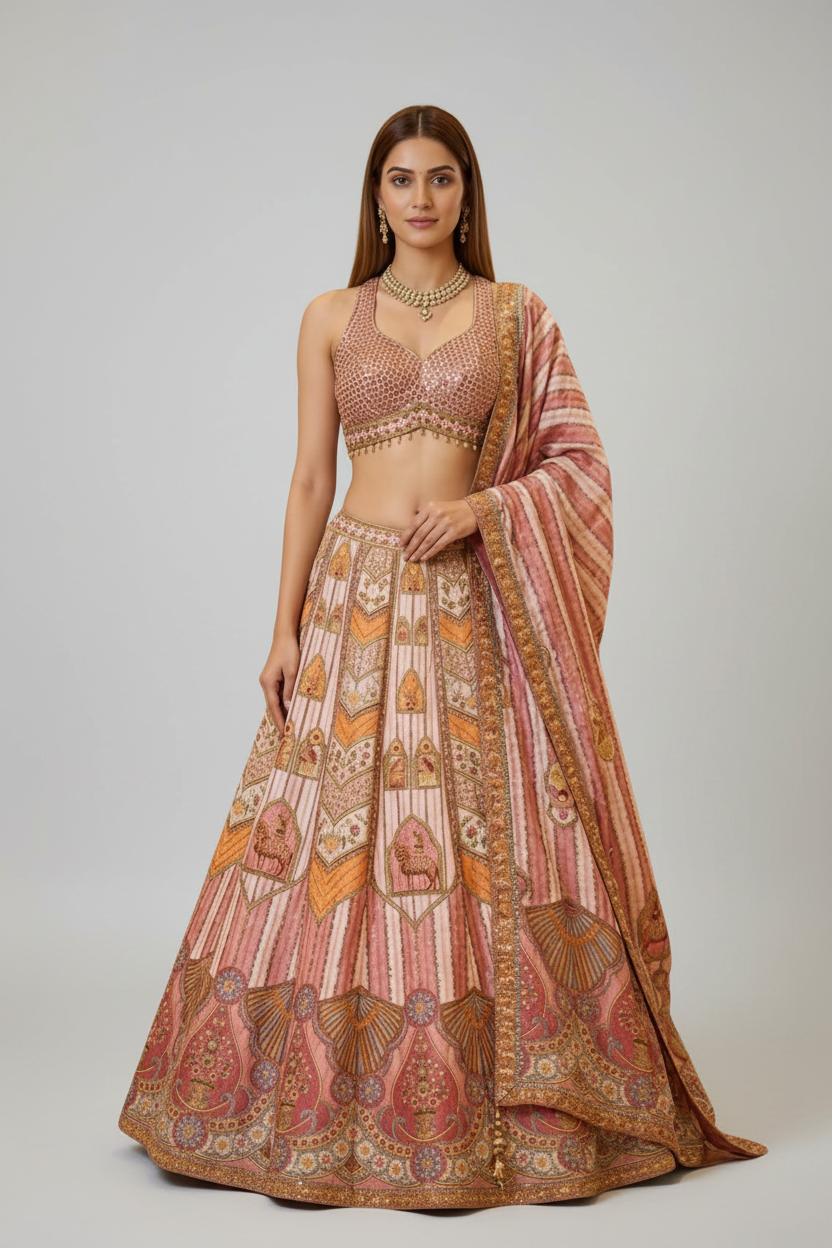Blush pink printed lehenga with embellished blouse