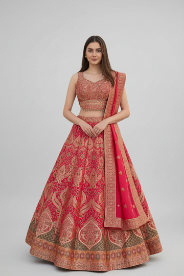 Vibrant Pink Lehenga Set Showcasing Intricate Heritage Weaves and Timeless Elegance
